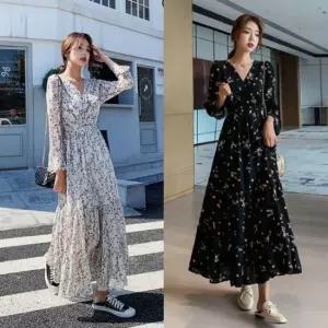 쉬폰원피스 플라워 패턴 롱 드레스 여성용