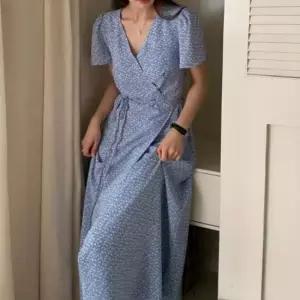 쉬폰원피스 여성 청량한 블루 여름 플라워 브이넥 랩 롱원피스