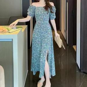 스퀘어넥원피스 플라워패턴 롱원피스 스퀘어넥 벌룬소매 밑트임 반팔 원피스 여름 특별한날 데이트룩