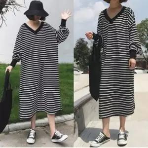 스트라이프니트 V넥 루즈 니트 원피스 롱 가디건