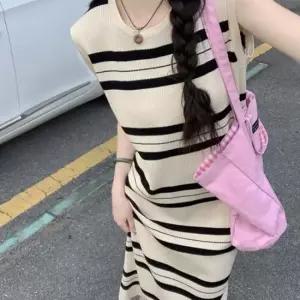 스트라이프 여성 H라인 나시 롱 원피스 여름 휴양지 데일리