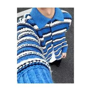 남자 칼라넥 스트라이프 카디건 빈티지 굵은 니트 터틀넥 상의 젠1