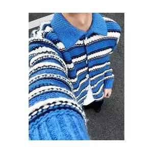 남자 칼라넥 스트라이프 카디건 빈티지 굵은 니트 터틀넥 상의 젠1