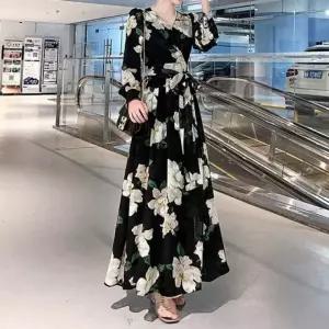 아레니아 가을 원피스 여성 긴팔 봄 꽃무늬 엄마 여름 쉬폰 블랙 V넥 K1885 바캉스 코디