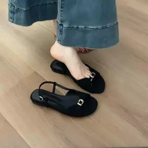 알마센 여성 검정 빈티지 로마 슈즈 스트랩 플랫 비치 샌들 일자 ADOR5