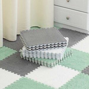 Amylove 36 팩 플러시 폼 바닥 매트 사각 연동 카펫 타일, 테두리 플러피 플레이 침실 놀이방용 소프트 클라이밍 러그, 12 x 0.4 인치(화이트, 그레이, 민트 그린)