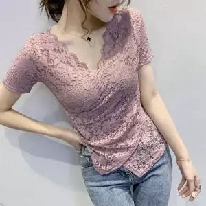 여성 레이스 반팔티 슬림핏 반팔 티셔츠 어드 이너 오피스룩 여성 레이