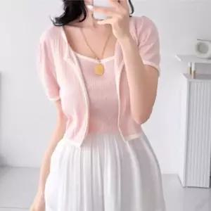 [신상오픈런]여성 배색 크롭 나시와 노카라 가디건 세트 (37001213)