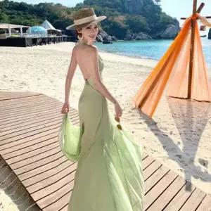 원피스 치마 롱 백 쉬폰 여자쉬폰원피스 홀터넥 프렌치 파티룩 브이넥 드랍 ible1