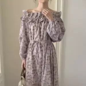 원피스 미디스커트 오프숄더 여자쉬폰원피스 넥 일자 프렌치 끈 ible1