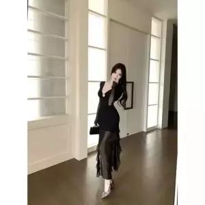 원피스 펀칭 슬림핏 여자쉬폰원피스 브이넥 동남아 트임 ible1