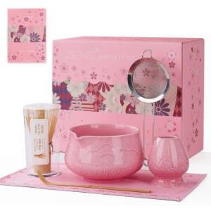 ZENS 말차 거품기 세트, 6개 세트 핑크, 15온스 세라믹 그릇과 대나무 거품기(채센 홀더) 스쿱, 304시프터 & 핑크 티 매트, 라떼 제조용 일본산 키트 포함