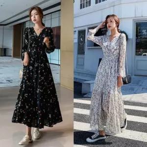 패턴 플라워 봄 가을 긴팔 롱 쉬폰 원피스 브이넥