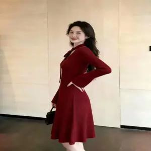 니트 원피스 스커트 빨강 동감미학 여성패션 보르도 나팔 DL4