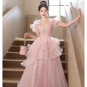핑크드레스 고급 레이스 연주회 촬영원피스 프렌치 피로연 셀프웨딩 공연