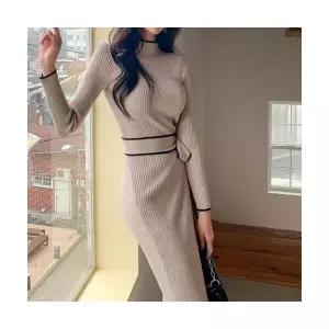 치마 니트 미디 허리끈 슬림핏 긴소매 여성원피스 니트원피스 ADOR3