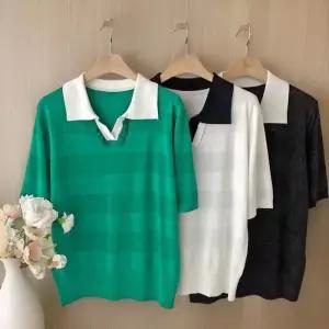 [다잇템]여자 반오픈 카라넥 반소매 줄무늬 니트 (33107970A)