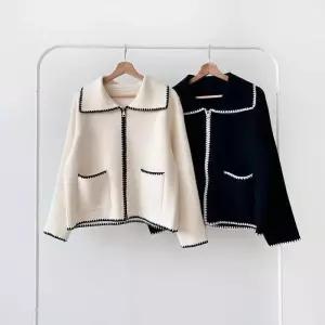 [다잇템]여자 세일러카라 FW 더블포켓 집업 자수 가디건 (42505605A)