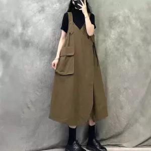 여성 청치마 빈티지 데님 멜빵 스커트 브이넥 슬림핏 캐주얼 롱 DUCHI1