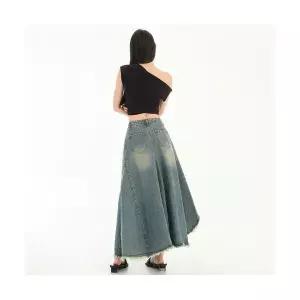 여성 청치마 트리밍 데님 스커트 슬림 워싱 A라인 롱 DUCHI1