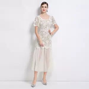 여성 스커트 롱 망사 넥 프렌치 레이스 쉬폰 원픽1