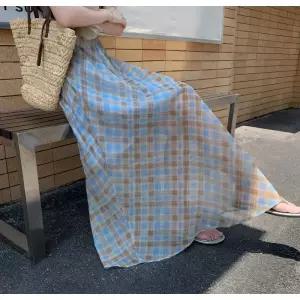 치마 여성용 롱 캐주얼 체크 쉬폰 영상 바캉스룩 A라인 언밸런스 원픽1