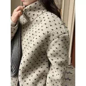 겨울 램스울 앤티크 도트 야구 하이넥 점퍼 여성패션 상의 따뜻한 집업 코트 더블 DL4