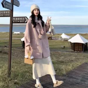 핑크 울 모직 여성패션 방울 겨 따뜻한 리버시블 코트 점퍼 야구 후드 DL4