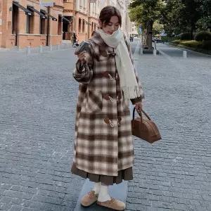 롱 모직 겨울 점퍼 야구 후드 여성패션 체크 코트 DL4