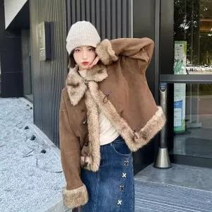 동계 코트 여성패션 쇼트 양털 세무 소뿔 퍼 모피 칼라 램스울 DL4