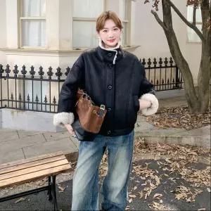 빈티지 겨울 여성패션 모피 코트 퍼 일체형 램스울 뽀글이 숏 스웨이드 상의 DL4