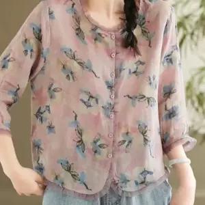 마르소 여사친 칠부 라운드넥 상의 셔츠 모시 무지데님 린넨 앤티크 블라우스 밑단 프린트 소매 7부 UNO5