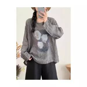 여성 프린트티 가을 빈티지 린넨 프린트 라운드 상의 긴팔 맨투맨 캐주얼 DUCHI3