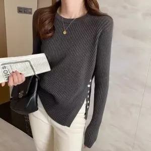 [의류] 여성 밑단 단추 포인트 골지 라운드넥 니트 티셔츠