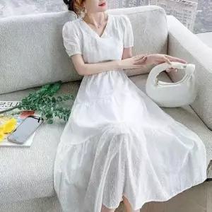 [의류] 여성 펀칭 퍼프 소매 반팔 롱원피스 1P 플레어 스커트