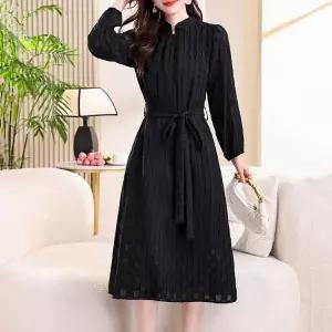 원피스 춘추 여자원피스 쉬폰 긴팔 포켓 티치노 넥 스트링 허리 중기장 원템3