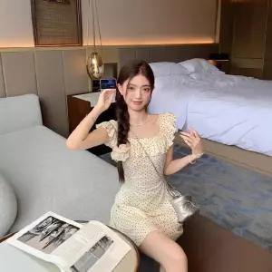 원피스 스커트 여자원피스 쉬폰 소매 도트 슬림핏 러플 원템1