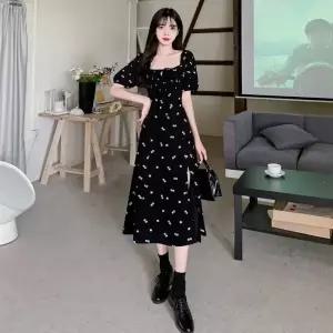 원피스 검정 허리 트임 쉬폰 통통 여자원피스 빅사이즈 하이넥 퍼프 원템1