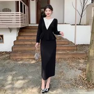 페이크 투피스 긴팔 쉬폰 비즈 여자원피스 원템1