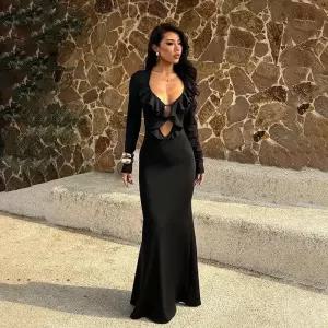 원피스 검정 가을 쉬폰 여자원피스 롱스커트 브이넥 긴팔 펀칭 원템3