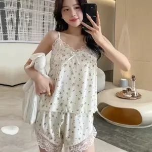 [신상오픈런]레이스파자마 뷔스티에 끈나시 실키 숏팬츠 투피스세트 (30486973)