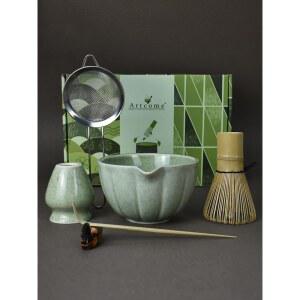 아트컴 일본 말차 세트, 그릇과 붓는 스파우트, 거품기, 티 스쿱, 거품기 홀더, 다도를 위한 수제 의식 키트