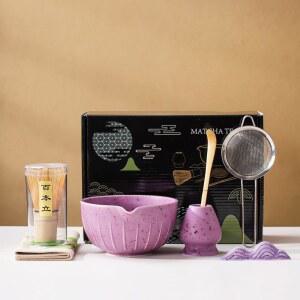 7Pc 일본 말차 티 세트, 볼이 포함된 키트(붓는 스파우트 포함), 거품기, 거품기 홀더, 스트레이너 - 선물 및 개인용 우아한 상자 포장(보라색
