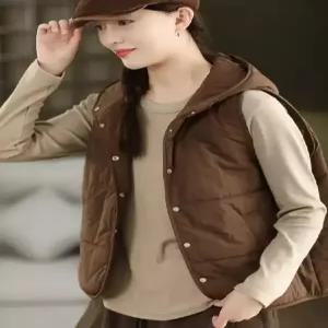 솜브레로스 여친 빈티지 캐주얼 민소매 가디건 솔리드 후드 카디건 조끼 다운 DOS1