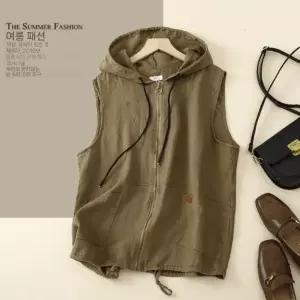 솜브레로스 여친 캐주얼 빈티지 가을 쇼트 민소매 후드 나시 카디건 조끼 가디건 린넨 DOS3