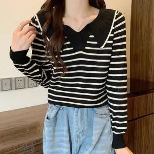 단가라니트 데일리 여성카라니트 크롭니트 티셔츠 스퀘어넥니트 스트라이프