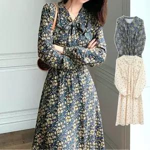 (스타일하우스)원피스 OPS 긴팔 롱 쉬폰 리본 프릴 여성 꽃무늬