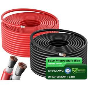 바테리아 파워 태양광 패널 와이어 50피트 블랙 및 레드 키트, 10AWG(6mm ) 연장 케이블 PV 주석 구리 야외 가정용 오프 그리드 시스템 자동차 RV 보트 마린