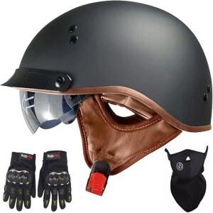 남성용 및 여성용 DOT 인증 모터사이클 하프 헬멧 - 스쿠터, ATV, 퀵 릴리스 스트랩 선바이저가 있는 스트리트 모터사이클용 경량 크루저 자전거 헬멧(다중 색상)