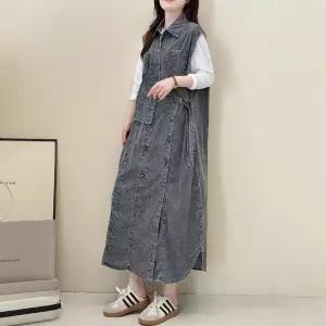 여자 민소매 원피스 데님 가을 신상 언밸런스 빈티지 터틀넥 롱 싱글 카디건 셔츠 스커트 원픽3